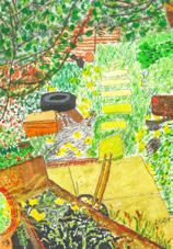 A brightly coloured painting of a garden