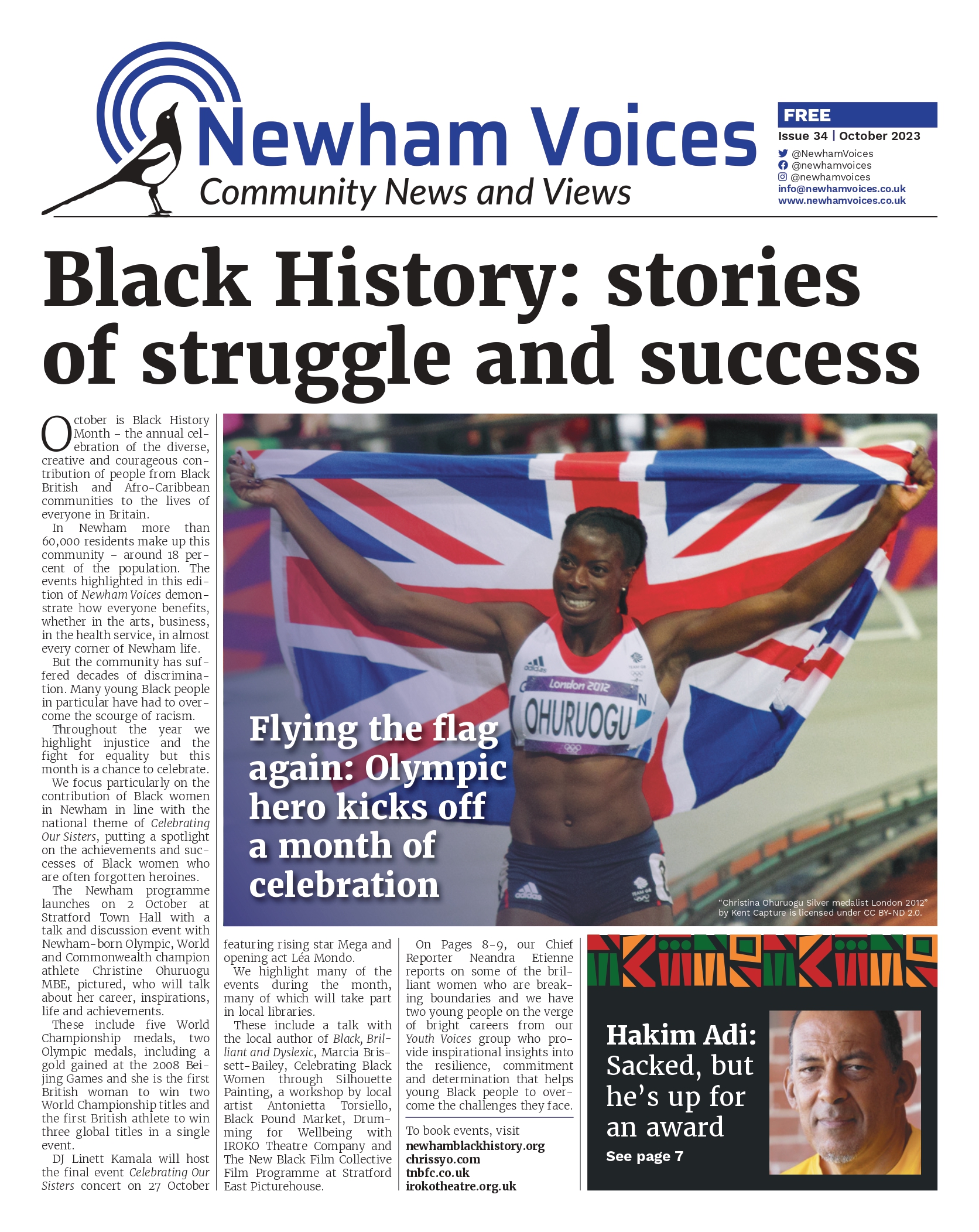 The cover of October 2023's Newham Voices. Main headline: Black History: stories of struggle and success