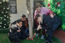 Children and adults surround a tree, placing poppies by its base.