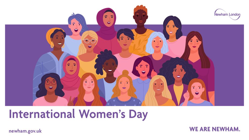 A banner made up of stylised images of women featuring a Newcam Council logo
