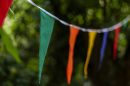 Multi-coloured bunting strung between trees