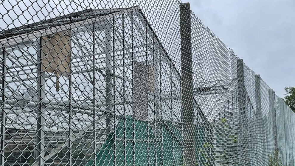 An image of derelict greenhouses behind chain link fence