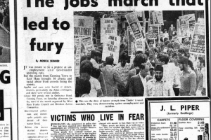 A newspaper cover from 1976. Main headline: The jobs march that led to fury