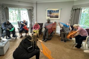 People seated move coloured silks through the air