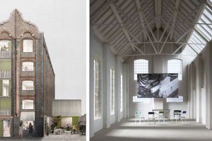 An artists impression of the proposed hub, showing a large interior space and a renovated exterior