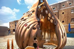 An artists impression of a large statue of a shell in situ