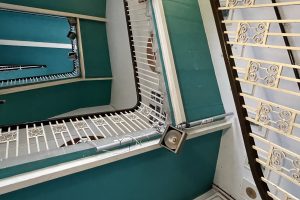 An open stairwell viewed from below