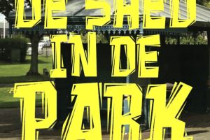 An image of the shed with the words 'De Shed in De Park'