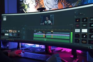 video editing on a wide screen monitor