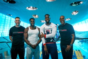 Richard Kilty, Harry Aikines-Aryeetey, Lutalo Muhammad, Colin Jackson in picture, smiling