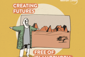 An illustration publicising Islamophobia Awareness Month. Text: creating futures free of islamophobia