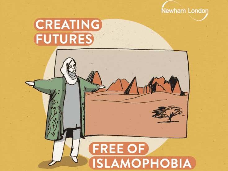 An illustration publicising Islamophobia Awareness Month. Text: creating futures free of islamophobia