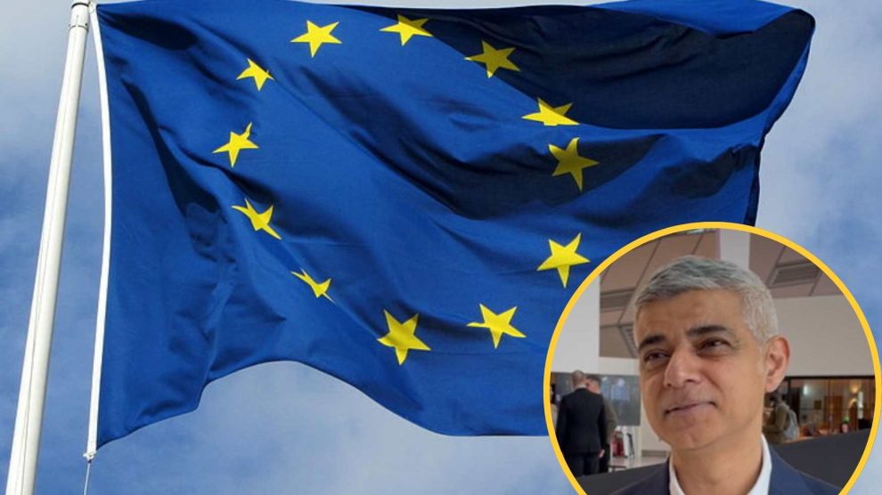 EU flag (credit MPD01605 via Wikimedia Commons) and (inset) Sadiq Khan