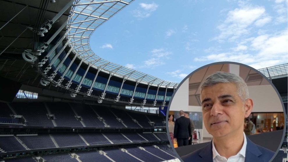 Tottenham Hotspur Stadium and (inset) Sadiq Khan (credit LDRS)
