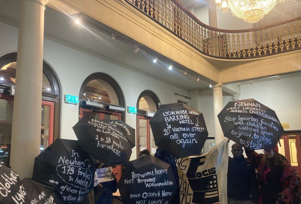 Campaigners protest at last week's Newham Council meeting 