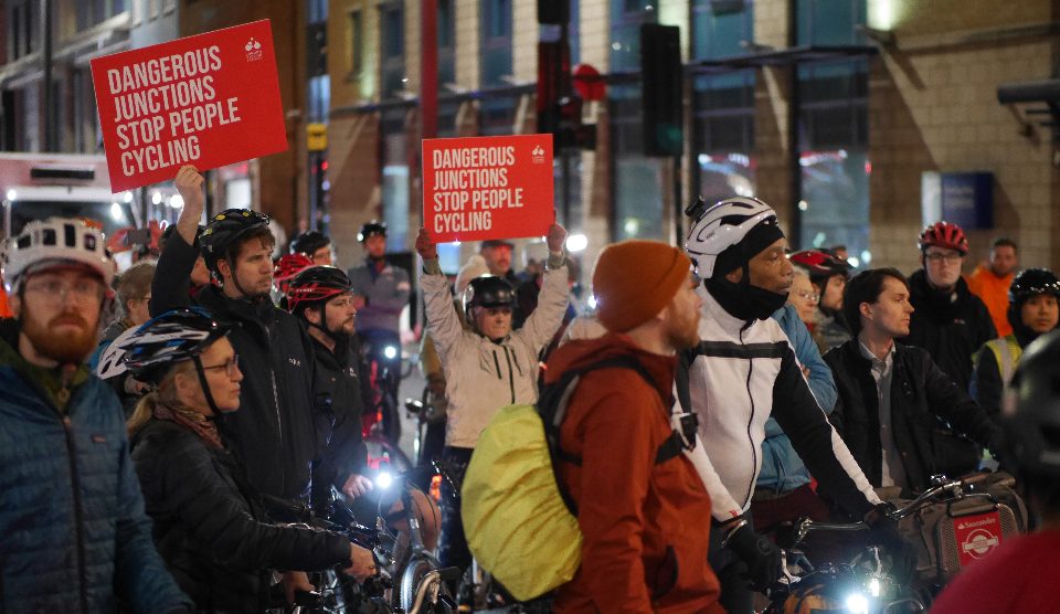 Cyclists protesting on Stratford High Street