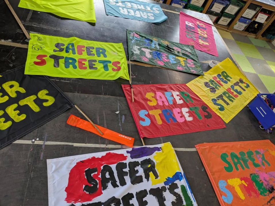 Coloured banners promoting Safer Streets