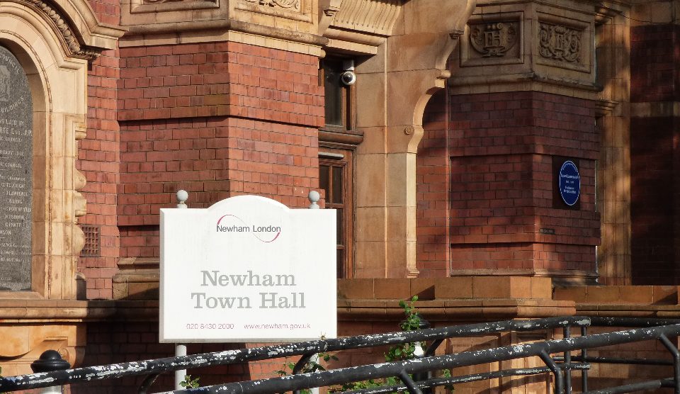 Newham Town Hall in East Ham with 'Newham Town Hall' sign outside