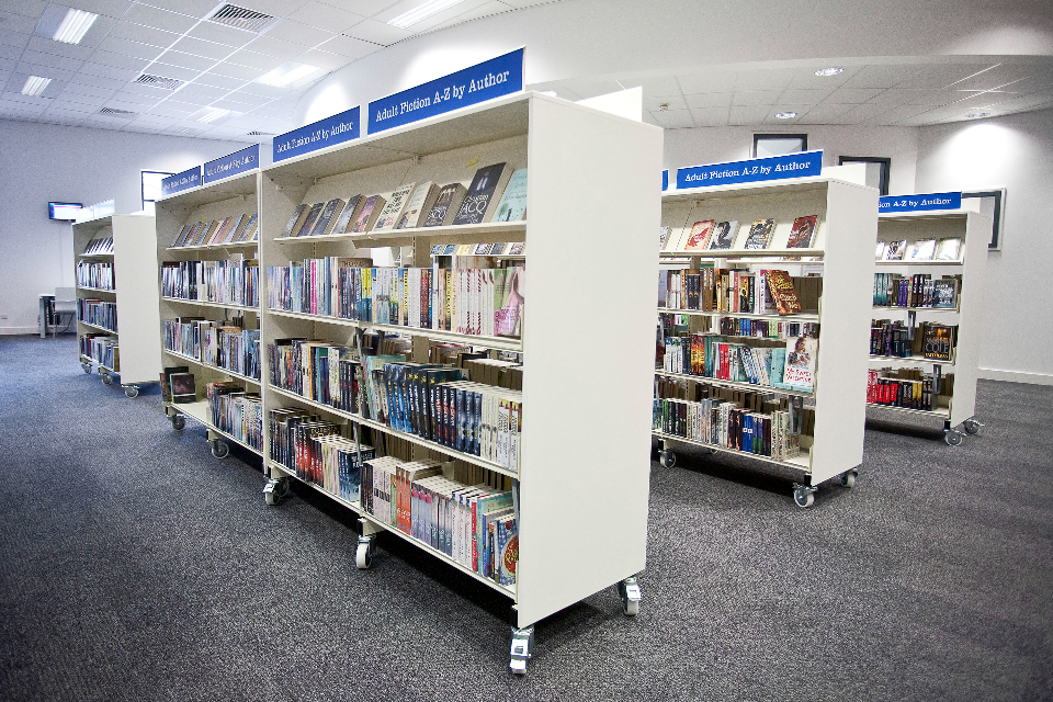 Bookshelves in a library