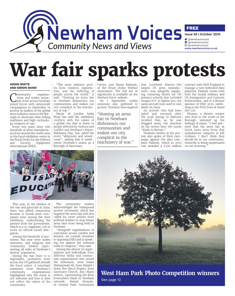 The front cover of October 2025's Newham Voices. Main headline: War Fair sparks protests