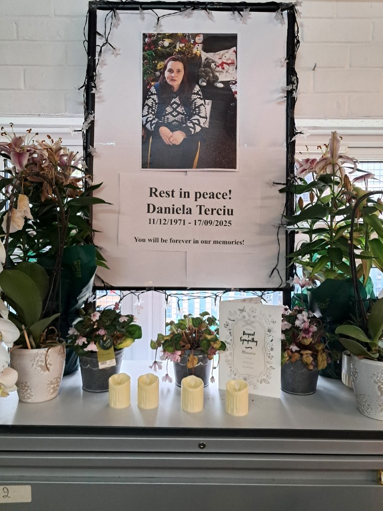 A photo frame, surrounded by plants, with an image of a woman