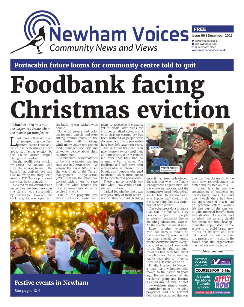 The front cover of Newham Voices December 2025. Main headline: Foodbank facing Christmas Eviction