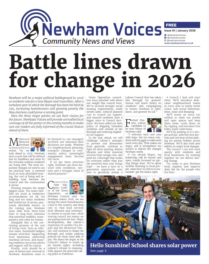 The front cover of Newham Voices january 2026. Main headline: Battle lines drawn for change on 2026