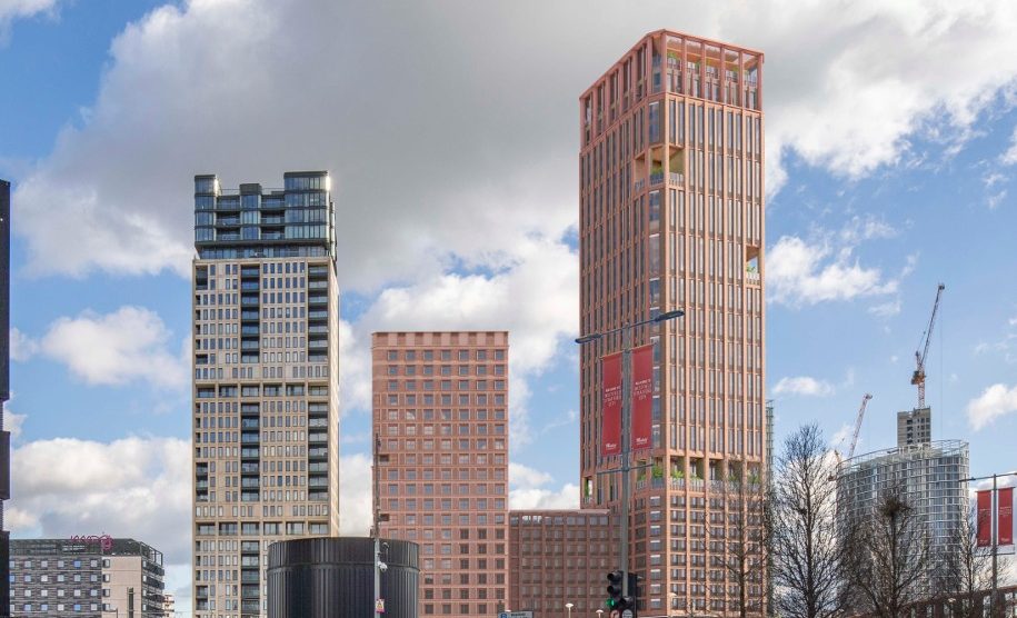 An architects' impression of what the Staycity hotel in Stratford will look like when built (centre) with the existing residential tower (pictured left)