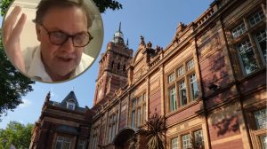 Newham Town Hall and (inset) Rob Whiteman speaks via Zoom to a scrutiny committee meeting