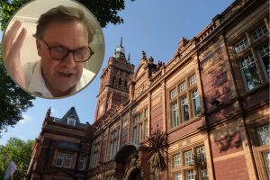 Newham Town Hall and (inset) Rob Whiteman speaks via Zoom to a scrutiny committee meeting