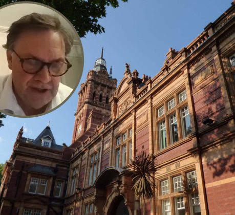 Newham Town Hall and (inset) Rob Whiteman speaks via Zoom to a scrutiny committee meeting