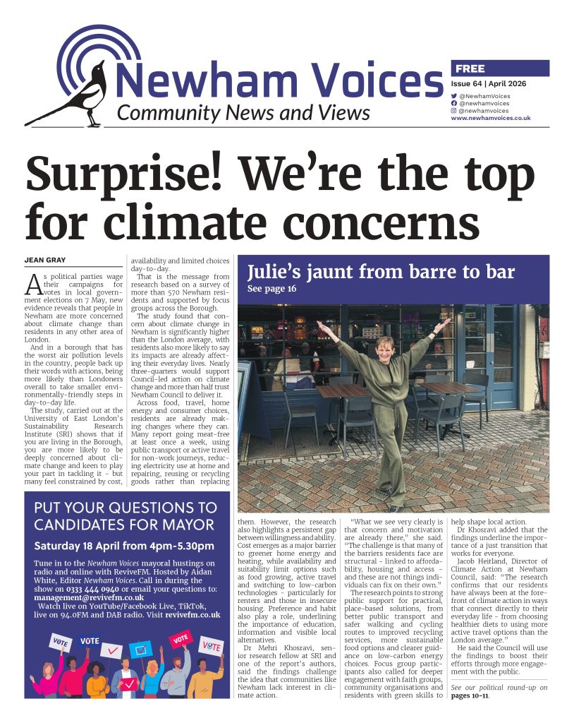 The cover of April 2026's Newham Voices. Main headline: Surprise! We're the top for climate concerns