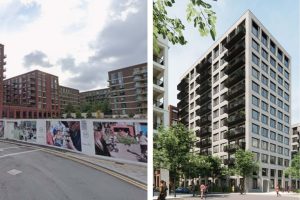 The Royal Crest site as it looks now (left) and the new proposal (right, credit Howells/Townshend)