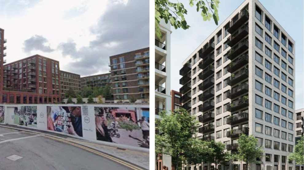 The Royal Crest site as it looks now (left) and the new proposal (right, credit Howells/Townshend)