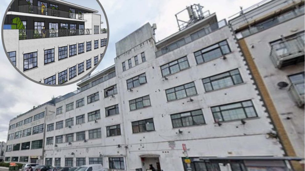 Sarwan House as it looks now (credit Google) and (inset) how it is expected to look with an additional two storeys (credit Locus Architecture)