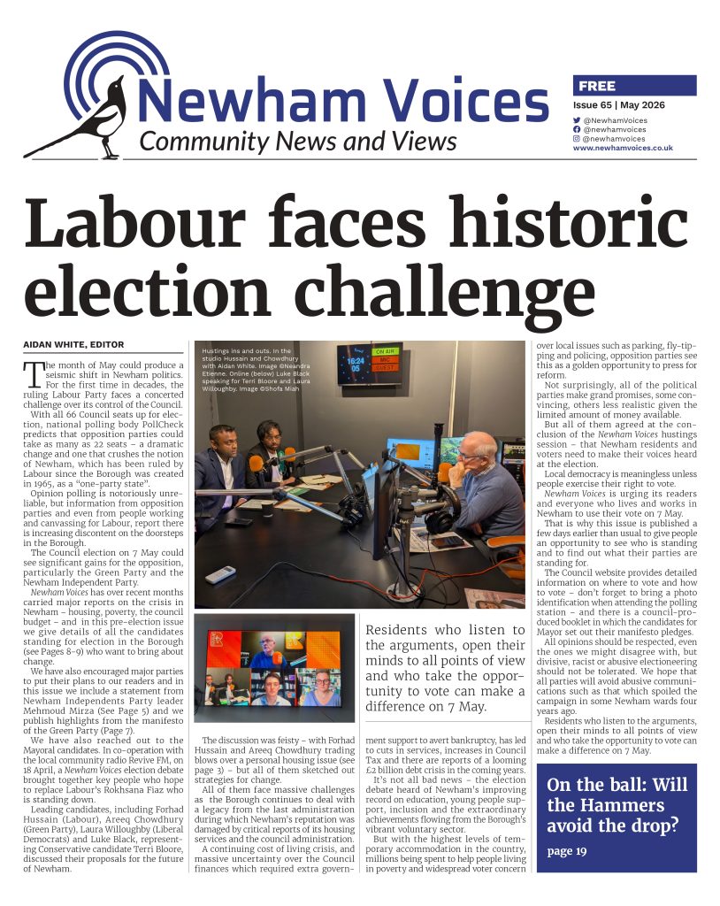 The cover of Newham Voices May 2026. Main headline: Labour faces historic election challenge