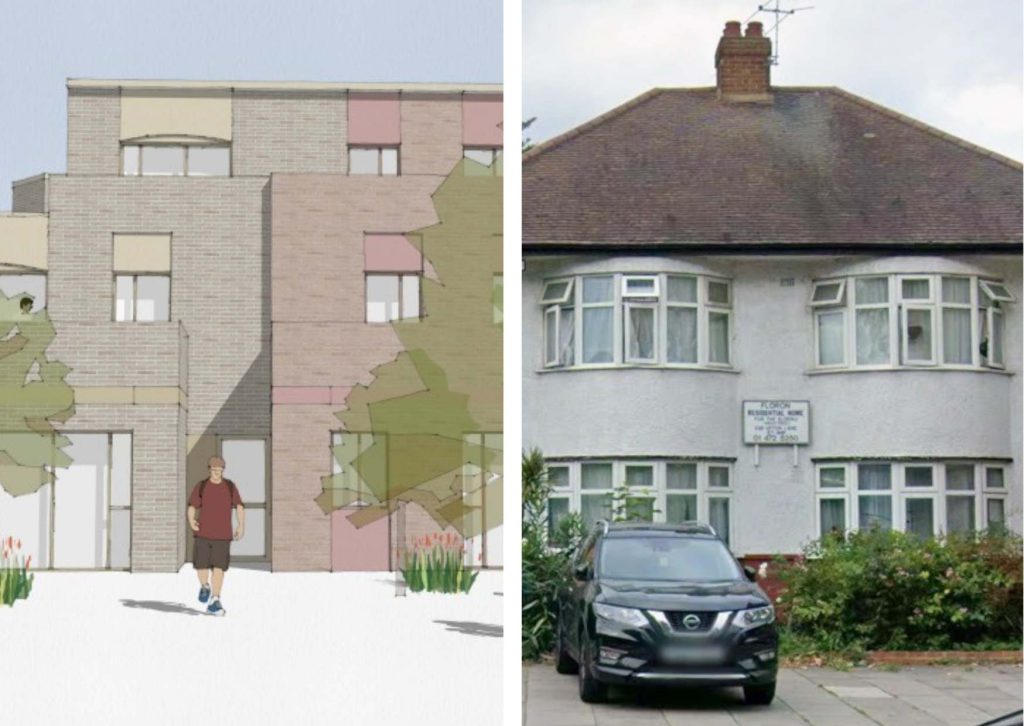 The plans for new flats and (right) Floron Residential Home
(credit Stephen Davy, Peter Smith Architects)
