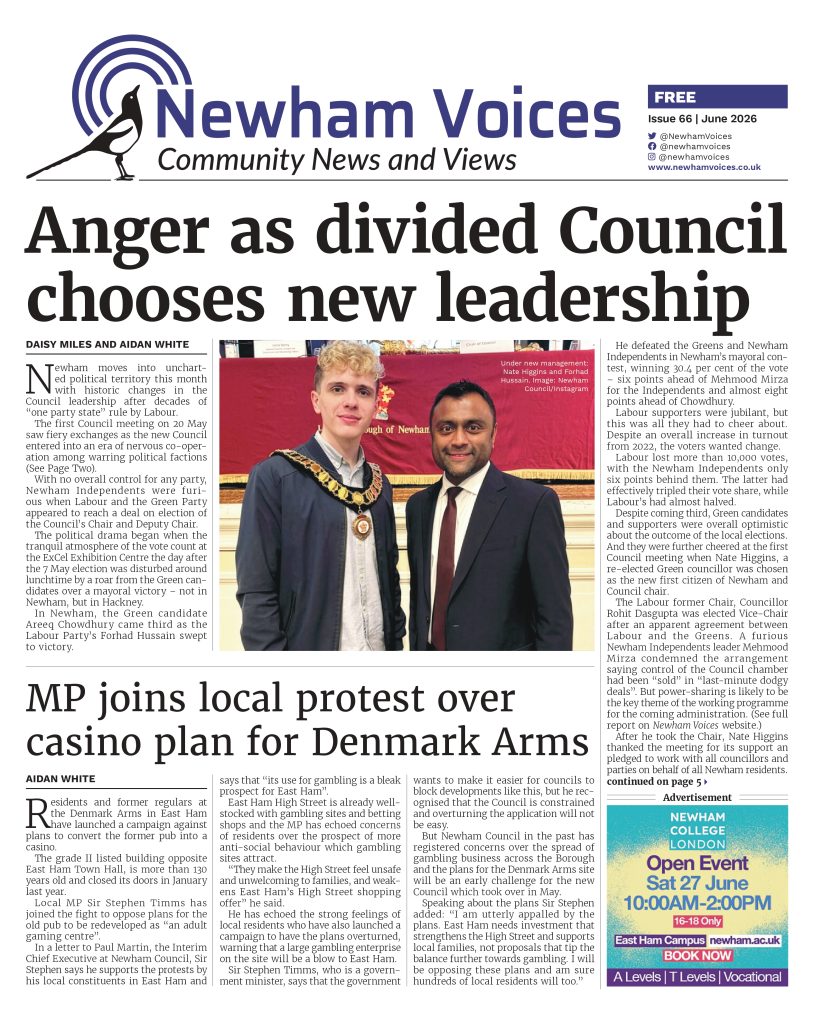 The front page of Newham Voices June 2026. Main headline: Anger as divided Council chooses new leadership