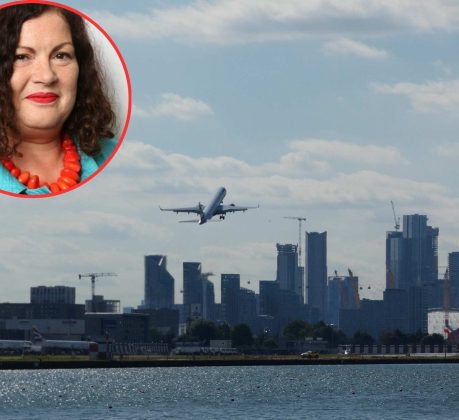 London City Airport (LDRS image) and (inset, credit GLA) London Assembly member Leonie Cooper