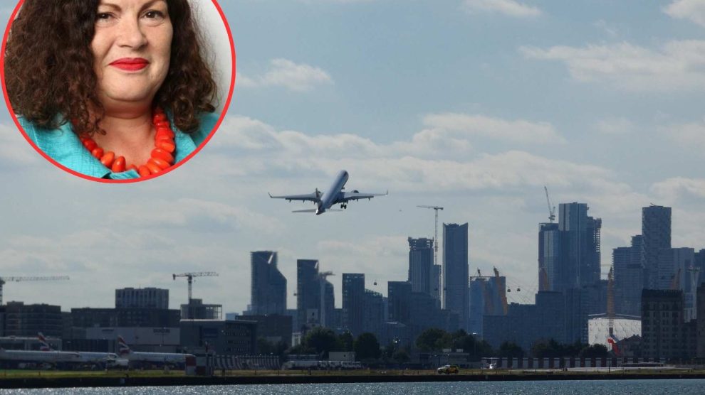 London City Airport (LDRS image) and (inset, credit GLA) London Assembly member Leonie Cooper