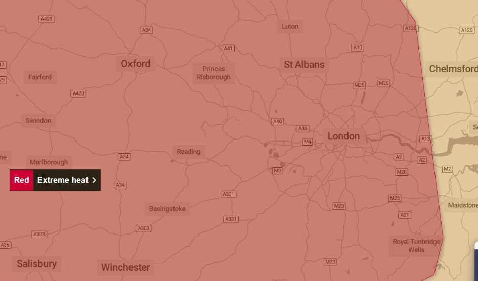The red alert is in force from Wednesday at 9am until Thursday at 9pm (credit Met Office/MapTiler/OpenStreetMap contributors)