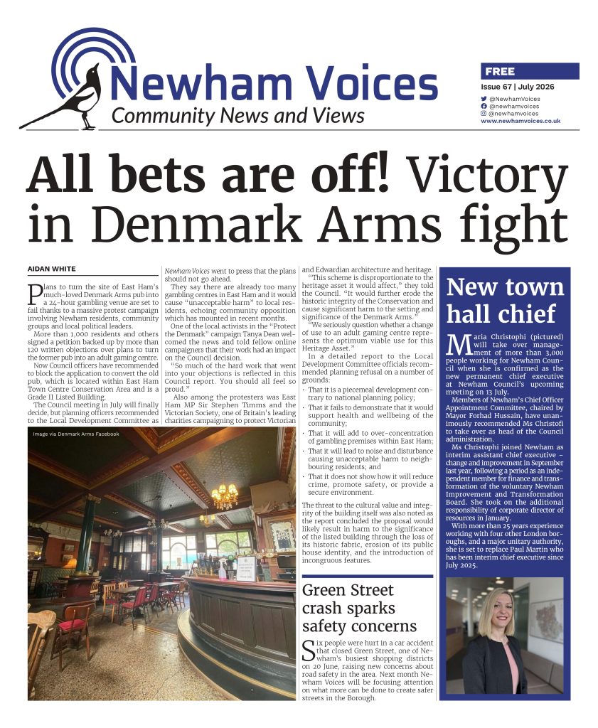 The front page of July 2026's Newham Voices. Main headline: All bets are off! Victory in Denmark Arms fight