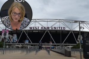 London Stadium and (inset) stadium boss Lyn Garner