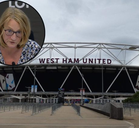 London Stadium and (inset) stadium boss Lyn Garner