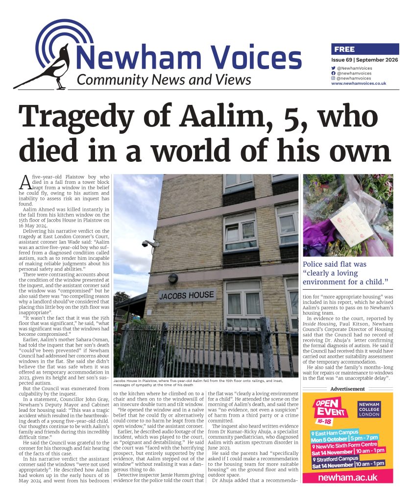 The front page of Newham Voices September 2026: Main headline: Tragedy of Aalim, 5, who died in a world of his own