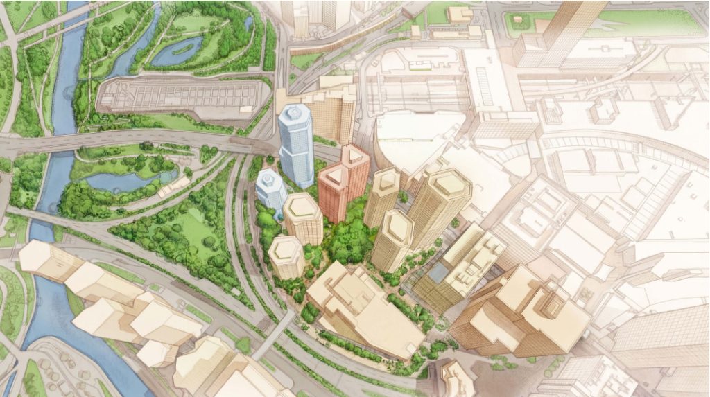 Aerial view of the proposed redevelopment at Stratford Cross (credit AHMM Architects)