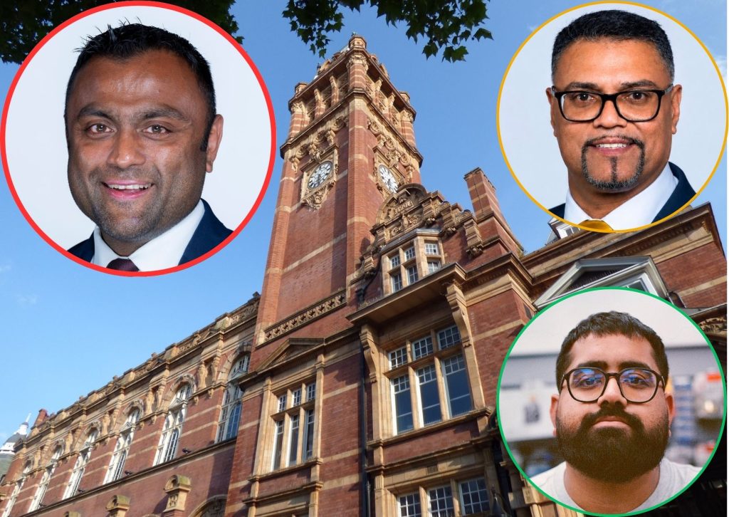 Newham mayor Forhad Hussain (inset left) with opposition group leaders Mehmood Mirza (inset top right) and Arshan Baskaran (inset bottom right)