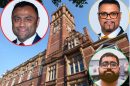 Newham mayor Forhad Hussain (inset left) with opposition group leaders Mehmood Mirza (inset top right) and Arshan Baskaran (inset bottom right)