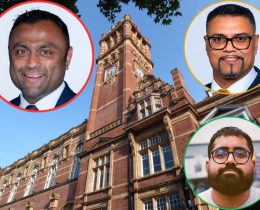 Newham mayor Forhad Hussain (inset left) with opposition group leaders Mehmood Mirza (inset top right) and Arshan Baskaran (inset bottom right)