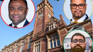 Newham mayor Forhad Hussain (inset left) with opposition group leaders Mehmood Mirza (inset top right) and Arshan Baskaran (inset bottom right)